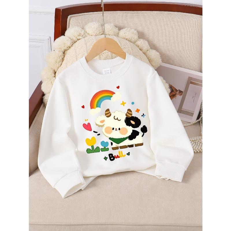 Girls Soft Crewneck SweatshirtCute Cartoon Bull Rainbow Print Design with Cute Creative Print, Casual All-Match for Fall Winter, Ideal Holiday Present