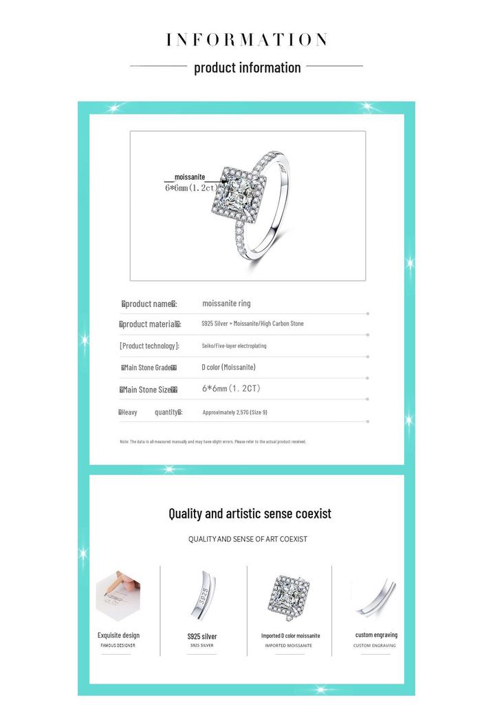 S925 Sterling Silver Moissanite Princess Cut 1.2 Carat VVS1 D Color Women's Engagement Ring