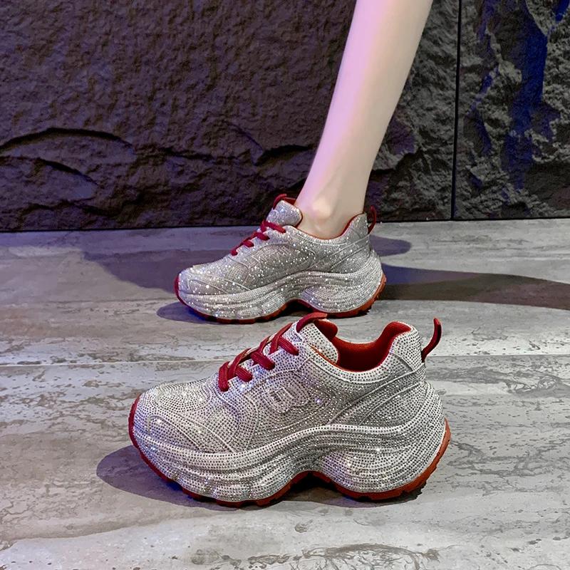 New Women'S Fashion Running Shoes Luxury Designer Diamond Shining Casual Sports Shoes Women'S Thick Soled Casual Shoes