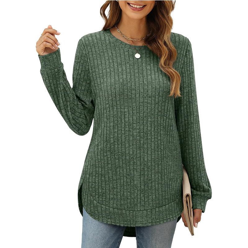 Womens Long Sleeve Tops Plus Size Crew Neck Jumpers Solid Color Side Spilt Pullover T-Shirt Tunic Shirt