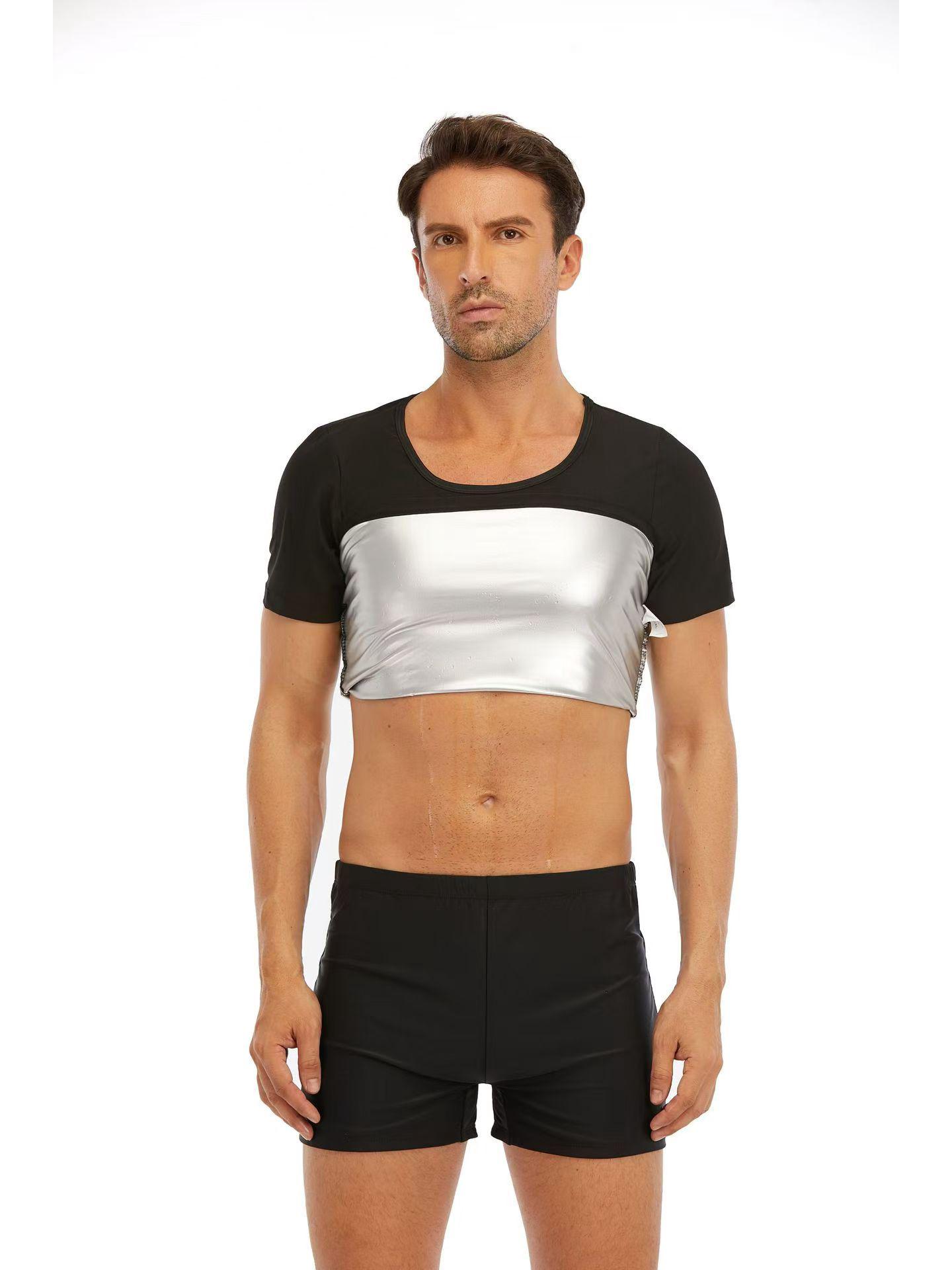 

Мужской бодишейпер европейского стиля, вызывающий потоотделение: Спортивный топ с круглым вырезом и короткими рукавами для фитнеса с плотным контролем живота XXL/3XL