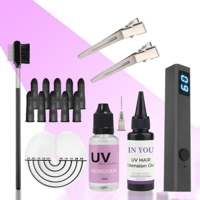 Fast-Curing UV Hair Kit: UV Lamp + 30g Glue & Remover,Invisible Damage-Free Extensions,Complete Salon & Home Tool Set