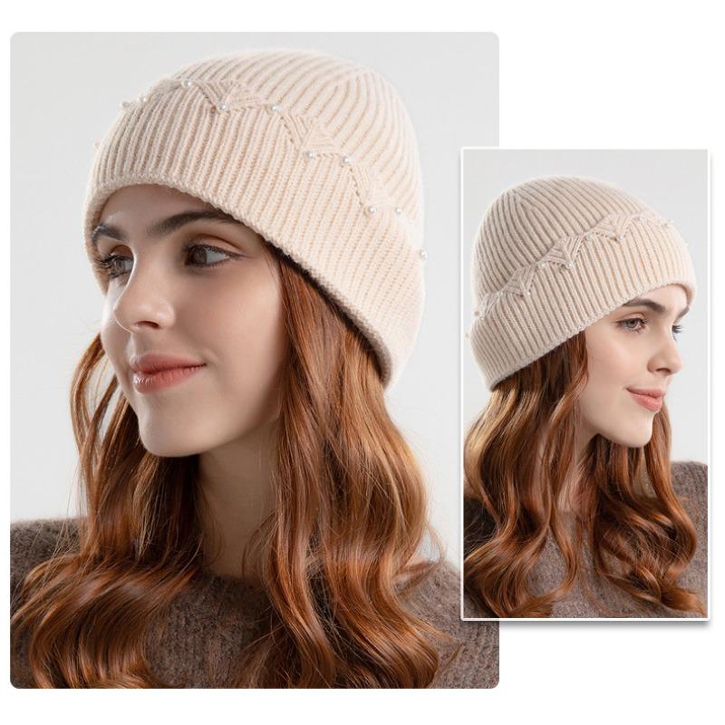 Women S Fashion Pearl Knit Hat Winter Warm Ear Protection Cap