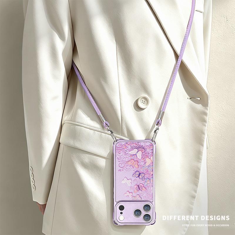 Color butterfly for iphone17promax Apple 13 mobile phone case 15 four-corner lanyard 16 silicone 14 crossbody