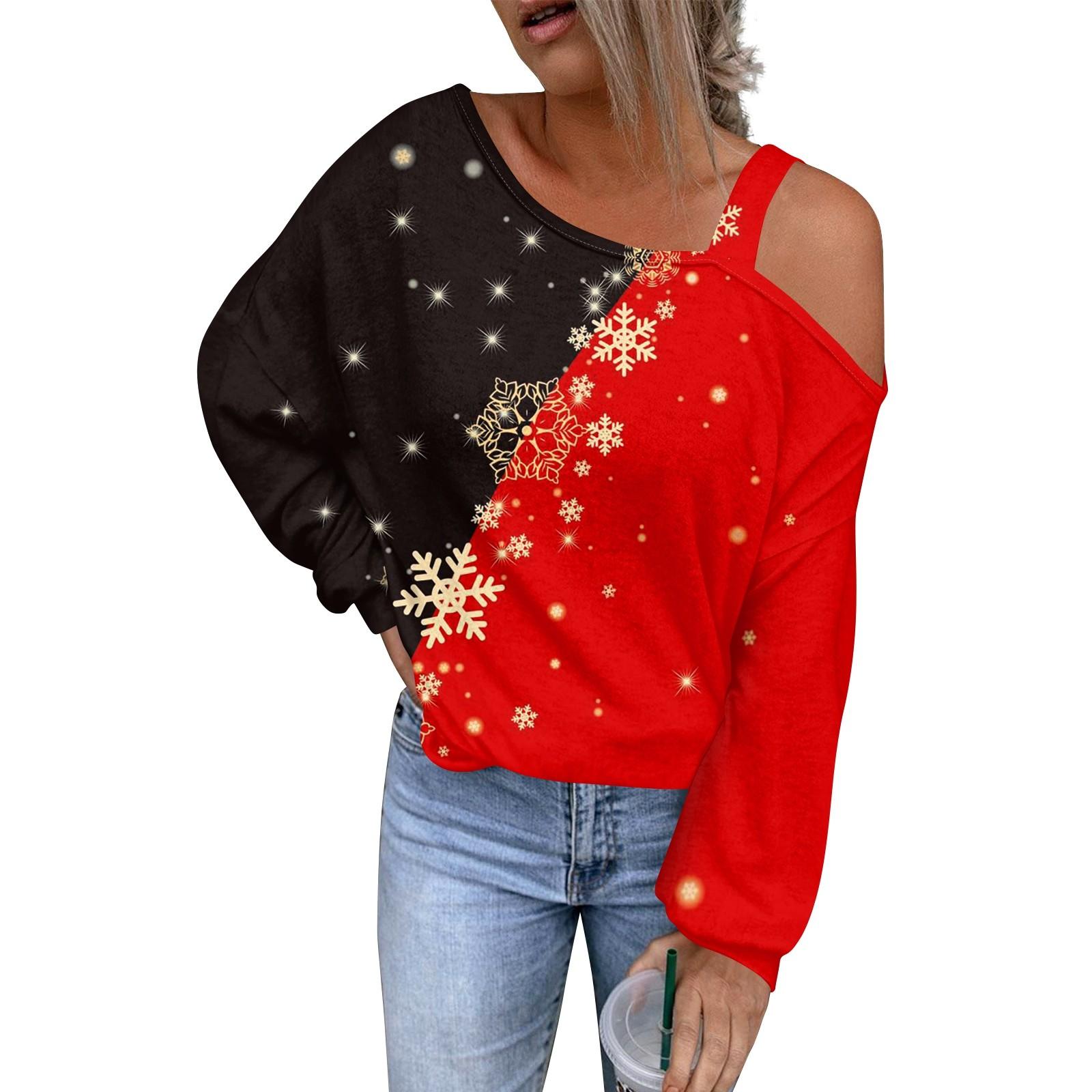 

Women s Hollowed Out Fashionable Casual Floral Print Off Shoulder Hoodie Top Christmas M