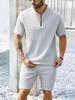 Cross-border Summer Waffle Stand Collar Zipper Solid Color Short-Sleeve Shorts Casual Outdoor Set