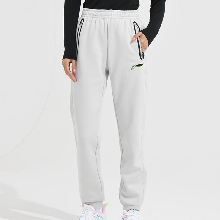 Li Ning Badminton Series Solid Color Logo Print Cuffed Fleece Casual Knitted Sports Pants Women Bottoms Water-Gray AKLS986-1