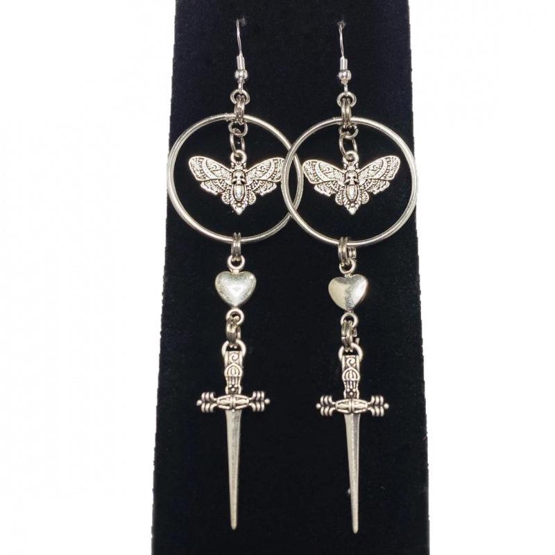 Gothic Silver Moth Dagger Pendant Earrings