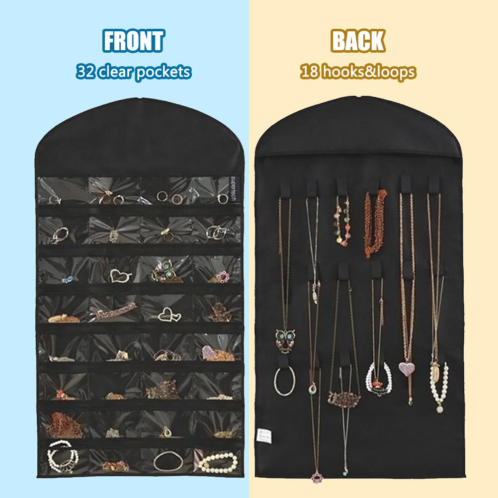 32 Taschen Doppelseitiger Schmuckorganizer Aufbewahrung Displaytasche mit 18 Haken Schmuck zum Aufhängen