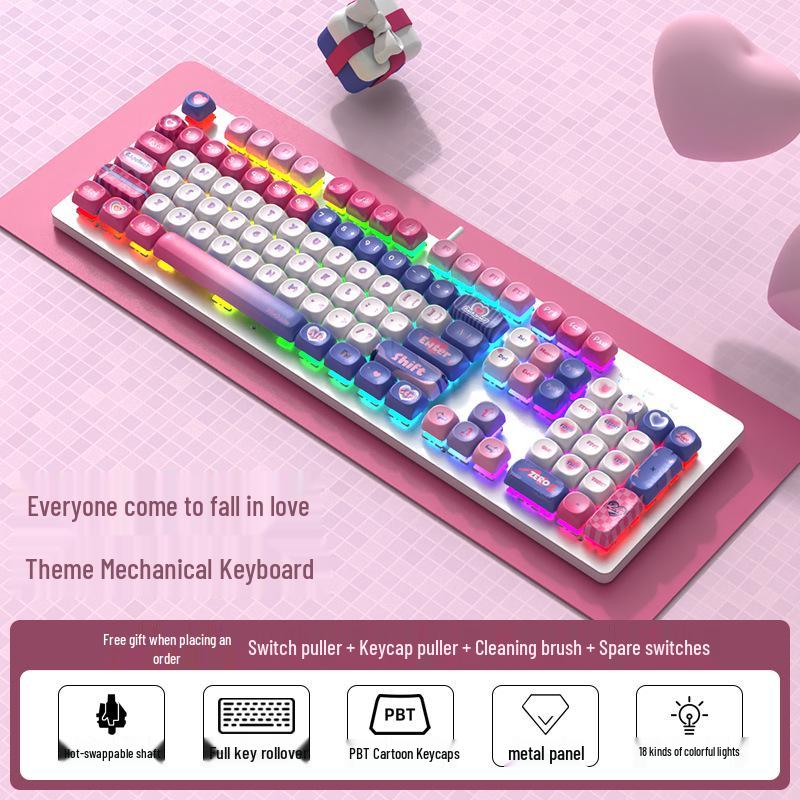 Custom Hot-Swappable Wired Mechanical Gaming Keyboard for Girls - Silent E-Sports Office/Desktop Use