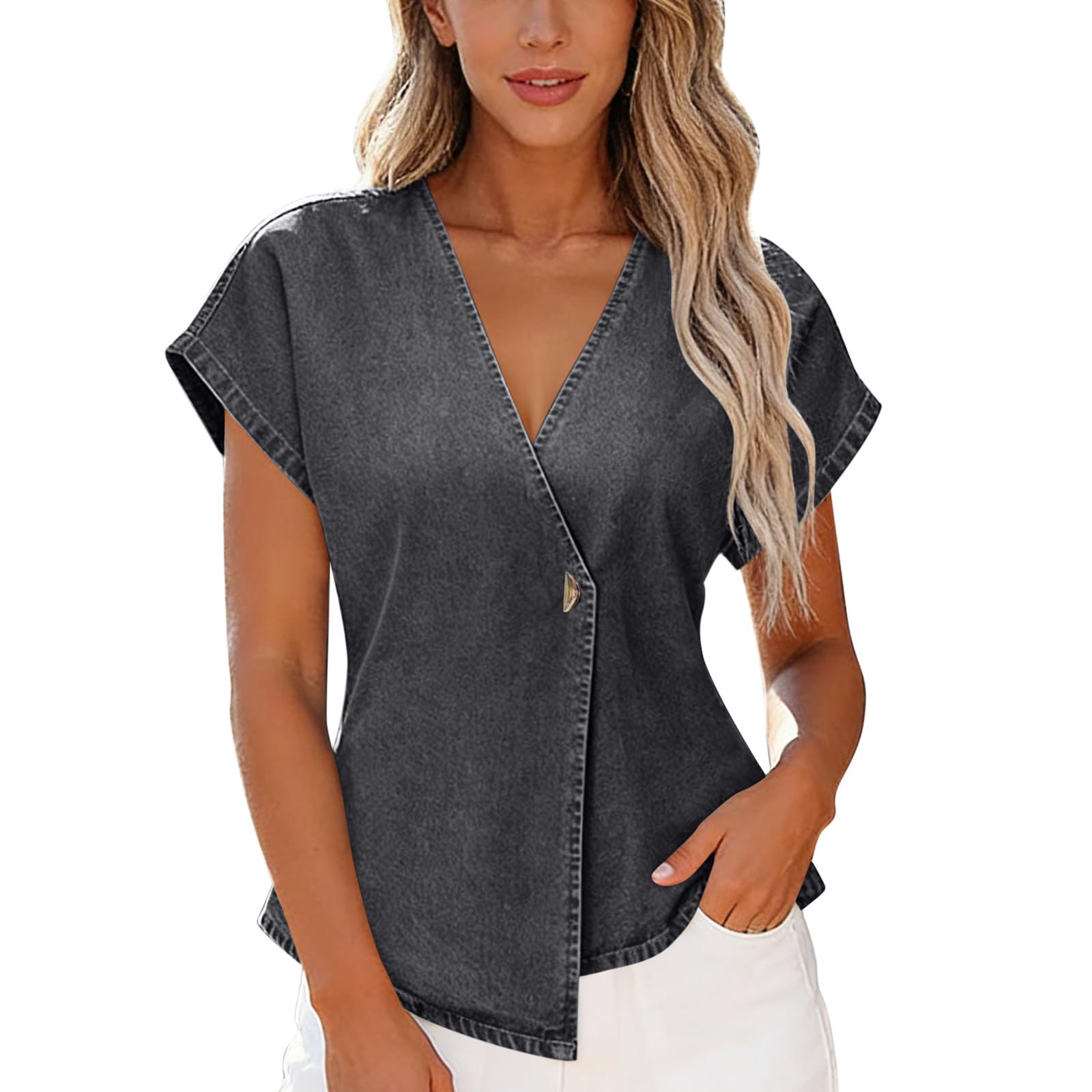 

Womens Denim Shirts Sleeve Button Tops V Neck Asymmetrical Jean Blouse L