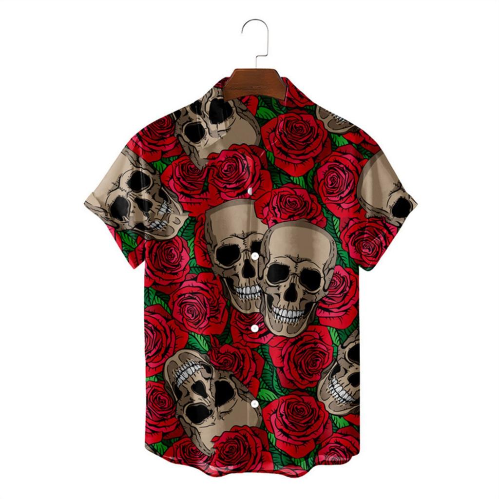 Trendy Skull Pattern Hawaiian Shirts For Men Fashion Summer Hip Hop 3D Printed Lapel Button Shirt Cool Streetwear Harajuku Tops