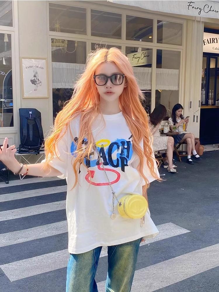 

Pure cotton Guochao fun printing short-sleeved T-shirt women s summer loose American retro oversize couple top 3XL білий
