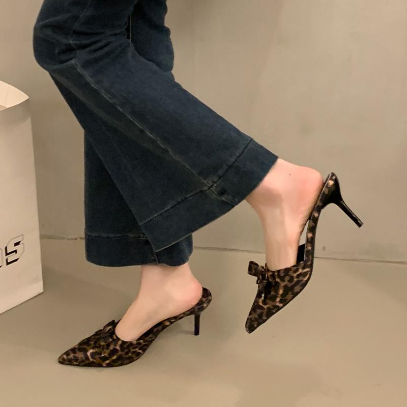 Fashion Bow Leopard Pointed Toe Women Sandals High Heels Slippers Party Shoes Designer 2025 Summer Pumps Flip Flops Woman Shoes Zapatos