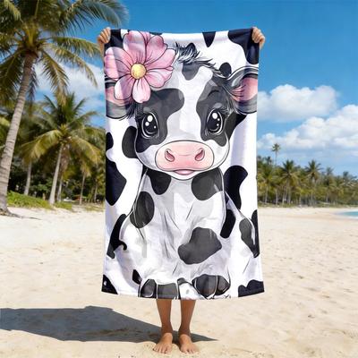 1pc Cow with Pink Flower Beach Towel, Quick Dry Unisex, Ideal for Beach Camping Swimming Diving Surfing, Perfect Summer Holiday