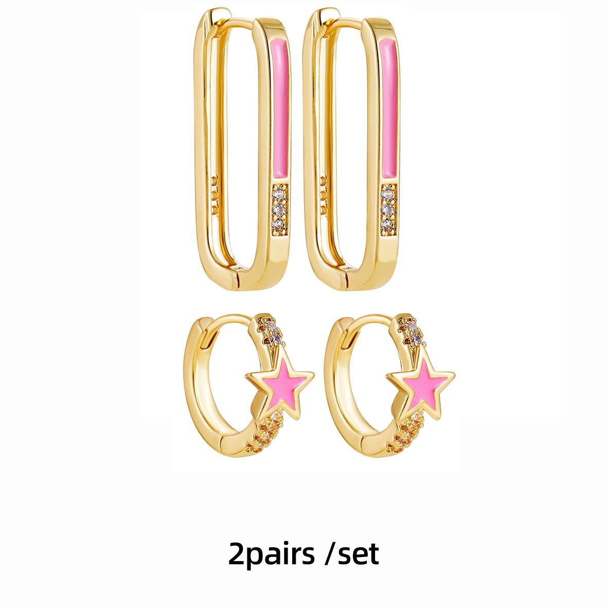 

Cute Pink Color Enamel Geometric Square Star Huggies Earring New Trendy CZ Zirconia Twist Hoop Earrings Set Female Zircon Gift