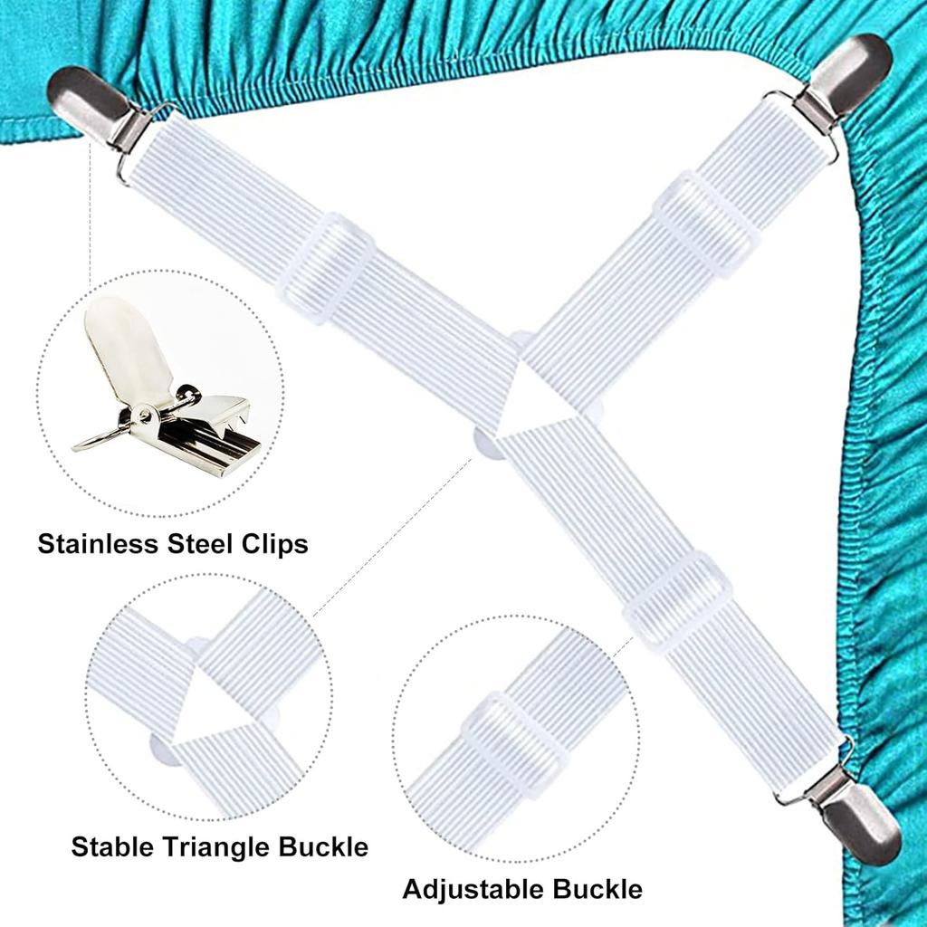 4 PCS Fitted Bed Sheet Straps - Elastic Suspenders with Metal Clips for Bed Sheets, Mattress Covers, Sofa Cushions - Adjustable Fasteners To Keep