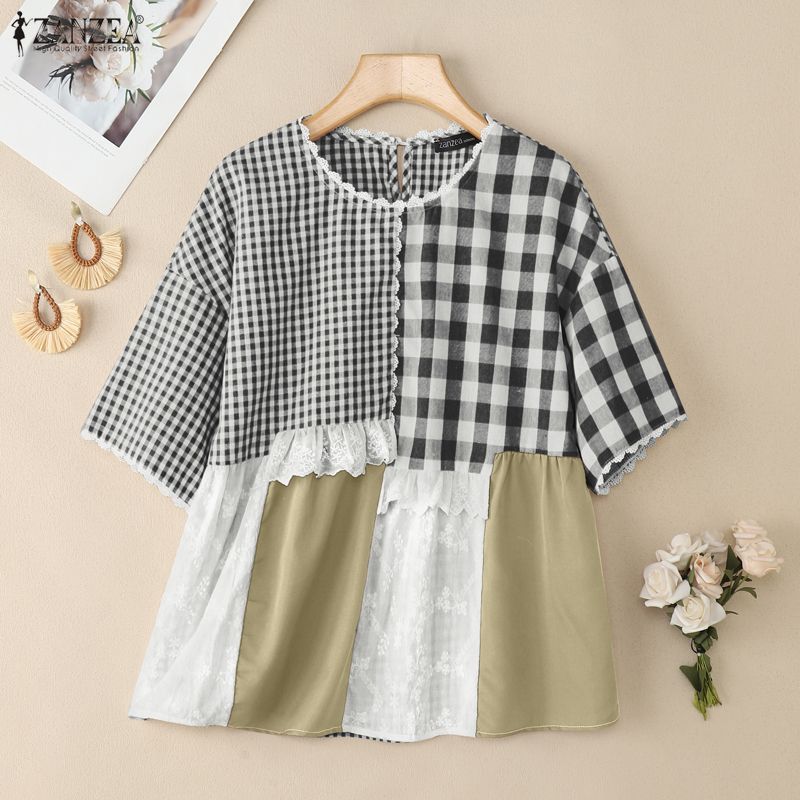 ZANZEA Damen Lässig Rundhals Kurzarm Locker Karierte Bluse