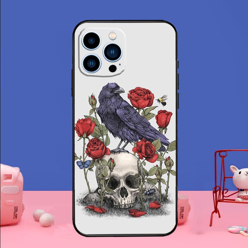 Skull Crow Flower Phone Case For iPhone 17 Air 16 15 14 11 12 13 Pro Max 13 mini 15 16 Plus 16e Bumper Cover