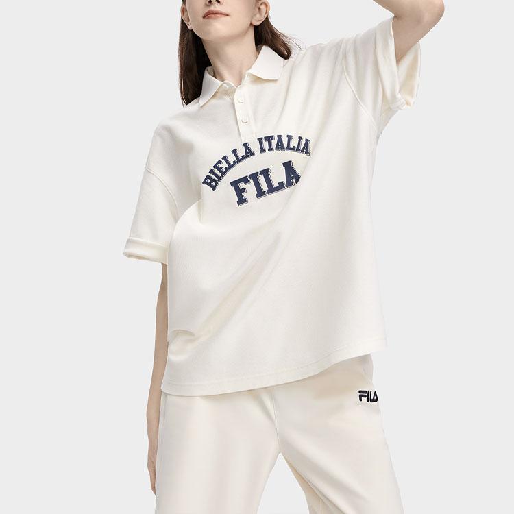 FILA American Series Letter Print Casual Loose Short Sleeve Polo Shirt Unisex Polo Shirts Milk-Salt-White F11U329105FIV