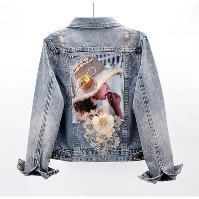 Womens Denim Jacket Long Sleeve Overcoat Loose Button Pearls Outerwear Jeans Jackets Spring Autumn Plus Size