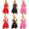 S-3XL Women Glossy PU Mini Dress Backless Front Cutout Push Up Underwire Sheer Mesh Patchwork Pleated Hem for Nightclub Bar
