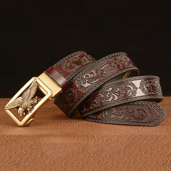 Male Belt Genuine Leather Belt for Men Carving Flower Pattern Animal Eagle Gold Automatic Buckle Belt Strap for Jeans
