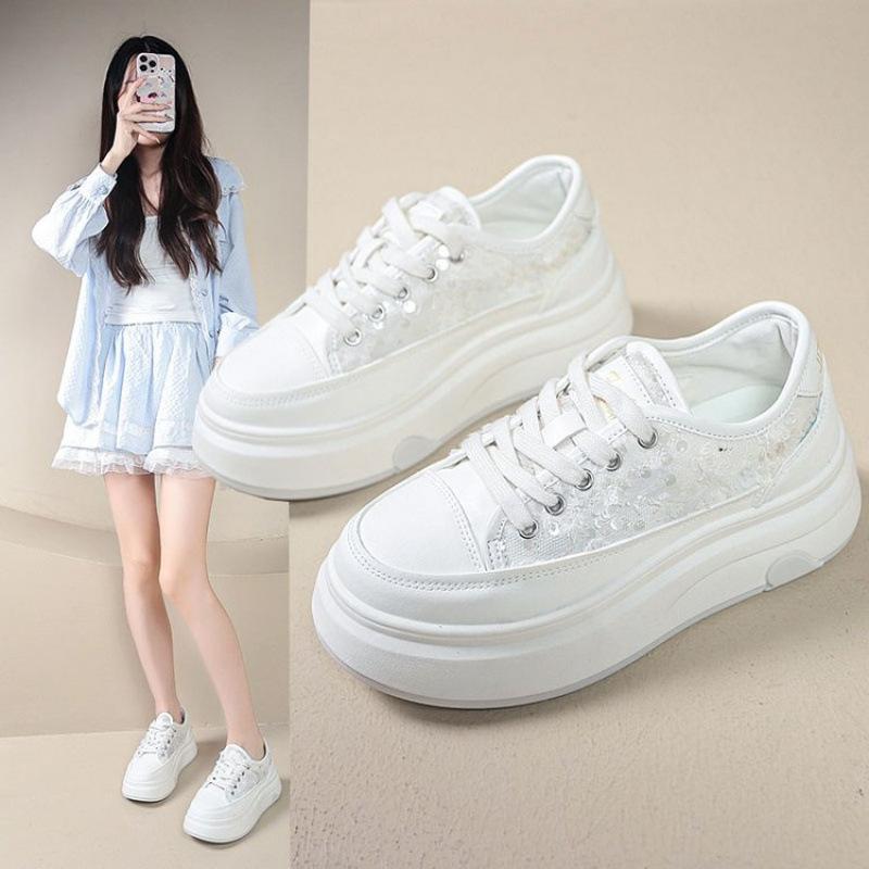 Rubber Women's Shoes Spring Four Seasons New Shoes Lace-up Beige Light Blue Green Single Shoes Increase Height and Breathability