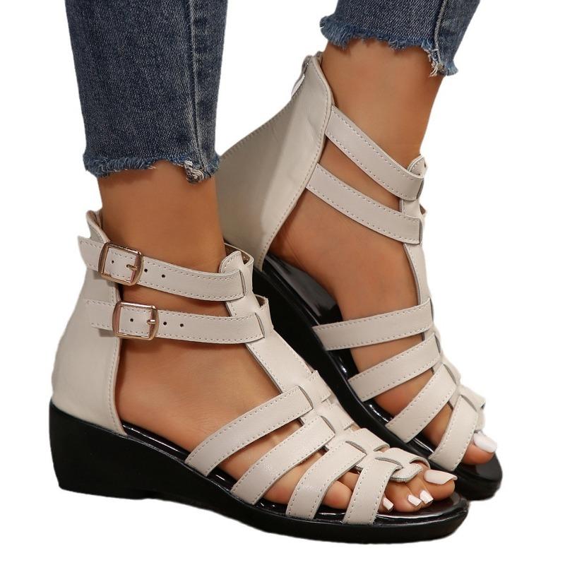 Sandals women's large size summer new wedge heel one word with open toe cool boots fish mouth hollow woven sandals