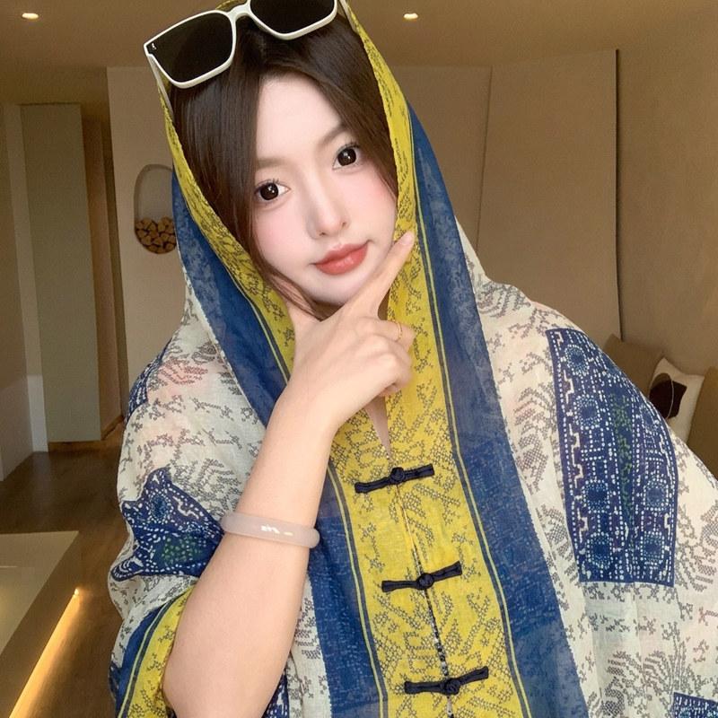 Small fresh white floral silk scarf women's summer travel buckle sunscreen large shawl beach towel thin yarn scarf scarf