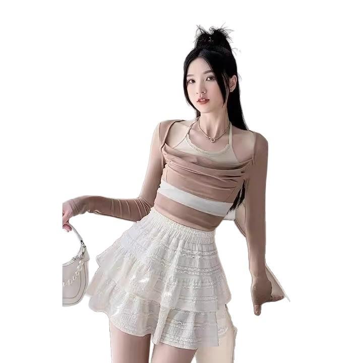 Women's French-Style Ballet Fluffy Layered A-Line White Cake Skirt - Petite & Spring Anti-Exposure Design