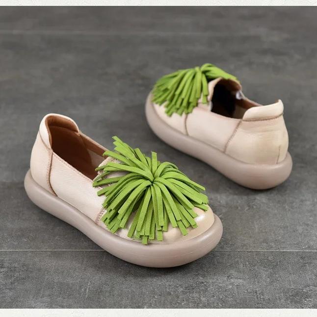 Johnature Genuine Leather Thick Soled Women's Shoes Comfortable Retro Handmade Tassel Slip-on Shoes