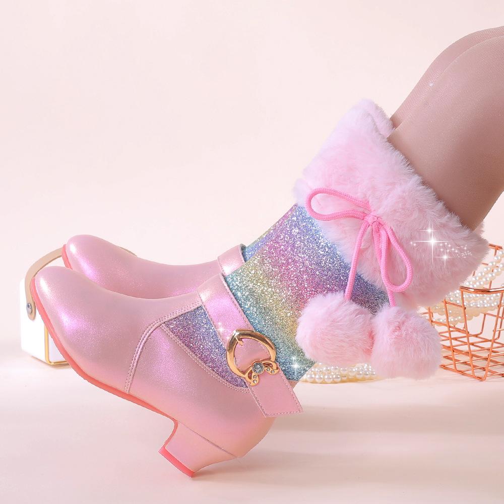 Classic Children Snow Boots Girls Colored Sequins Cute Hairball Bow Side Zipper Princess Shoes Autumn Winter Plush Warm Boots