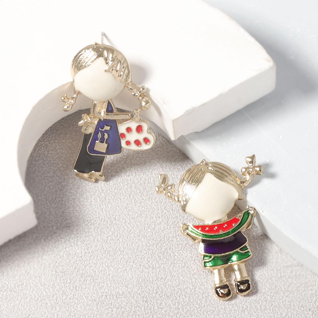 Korean version of cute fashion dripping oil cartoon alloy asymmetry summer watermelon pure little girl little painter female stud earrings