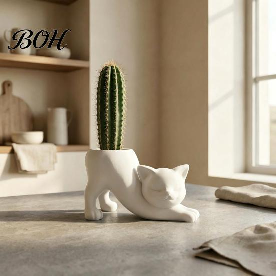 Indoor Succulents Container 3D Printed Stretching Cat Planter Pot, Cute Kitty Creative Desktop Plant Holder Animal Flowerpot, Lovely Kitten