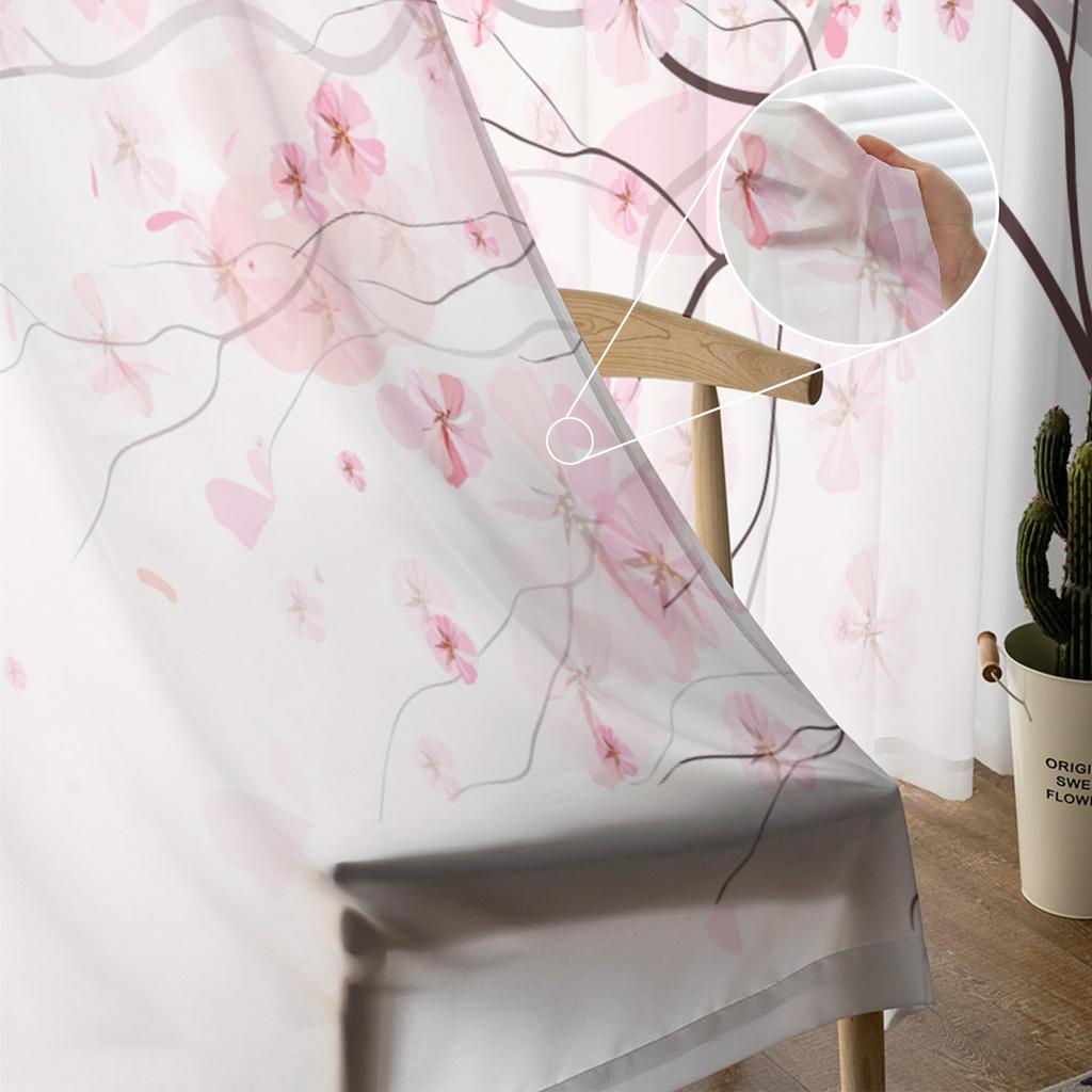 Cherry Blossoms Tree Branches Pink White Chiffon Sheer Curtains for Living Room Bedroom Decoration Window Voiles Tulle Curtain