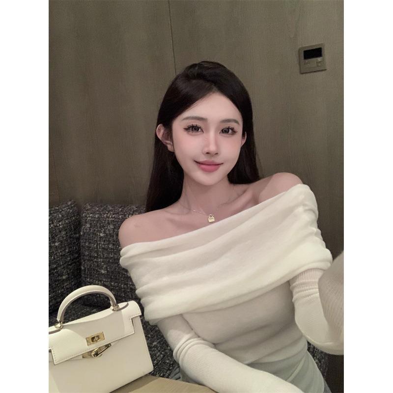 

Весенние облегающие сексуальные трикотажные рубашки с разрезом по горловине для женщин, модные повседневные блузки с длинным рукавом и открытыми плечами, женские элегантные однотонные винтажные рубашки, топы 26150 One Size белый