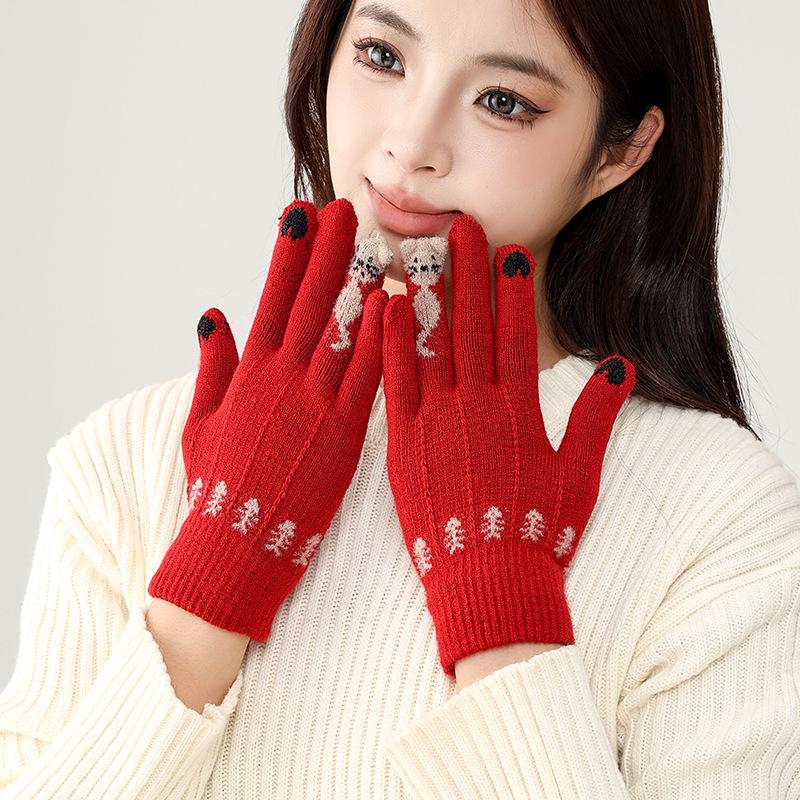 Damen Winter Touchscreen Wollhandschuhe im koreanischen Stil - Dick, warm, kältefest, gestrickt mit gebürstetem Finish, Großes Rot für Weihnachten