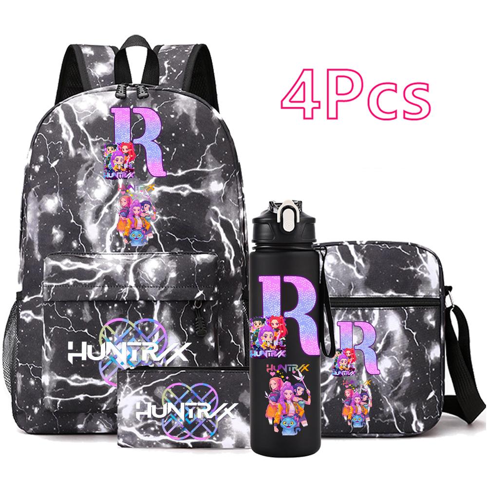 4 Stück/Set Cartoon Anime Aufdruck Rucksack Große Kapazität Schultasche Umhängetasche Tasche mit 750ml Wasserflaschenhalter Junge Mädchen Schultasche
