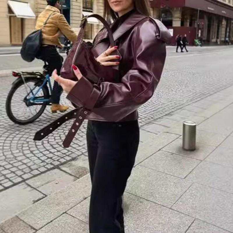 Womens Vintage Lapel PU Leather Biker Jacket Slim Fit Streetwear Wine Red
