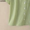 VONDA Summer Women Lapel Neck Short Sleeve Plaid Cute Casual Blouse Tops