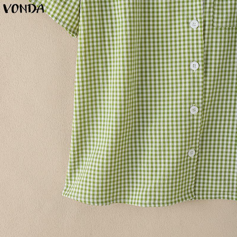 VONDA Summer Women Lapel Neck Short Sleeve Plaid Cute Casual Blouse Tops