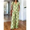 1116 Summer Vintage Print Set Elegant V-Neck Cut, Loose Wide Leg Pants Atmosphere Vacation Two-piece Set Women