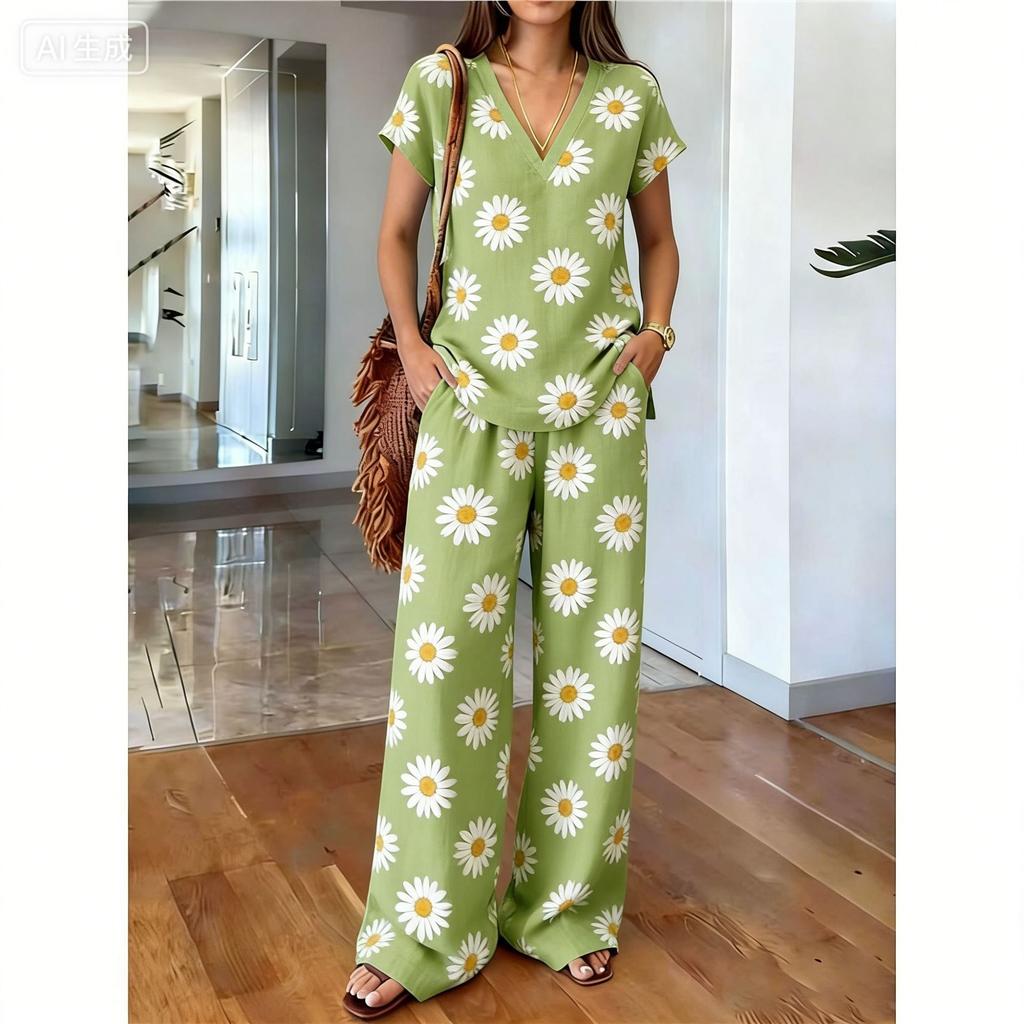 1116 Summer Vintage Print Set Elegant V-Neck Cut, Loose Wide Leg Pants Atmosphere Vacation Two-piece Set Women