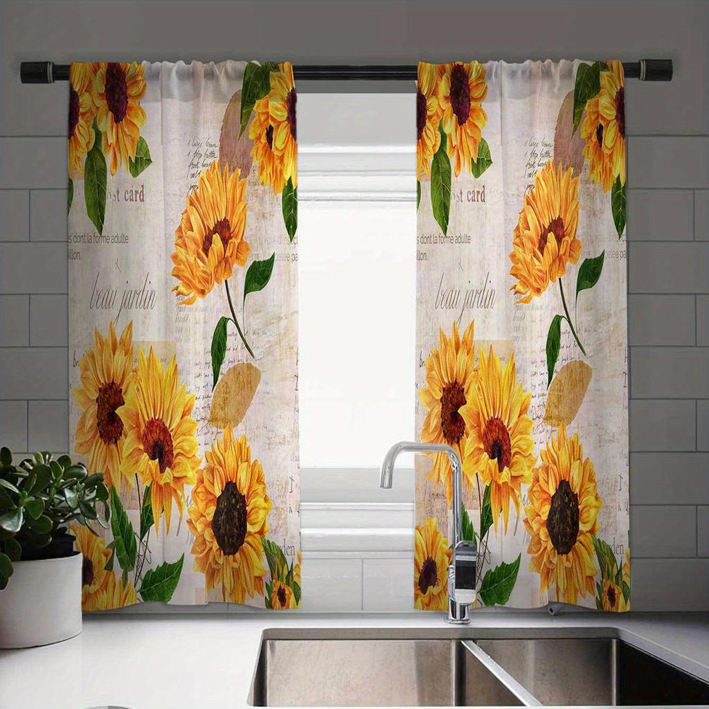 Charmantes Vintage Sonnenblumenmuster Vorhangset Elegant 2 Café-Vorhänge Europäisches Geschirrdesign Für Küche Bauernhaus Wohnzimmer