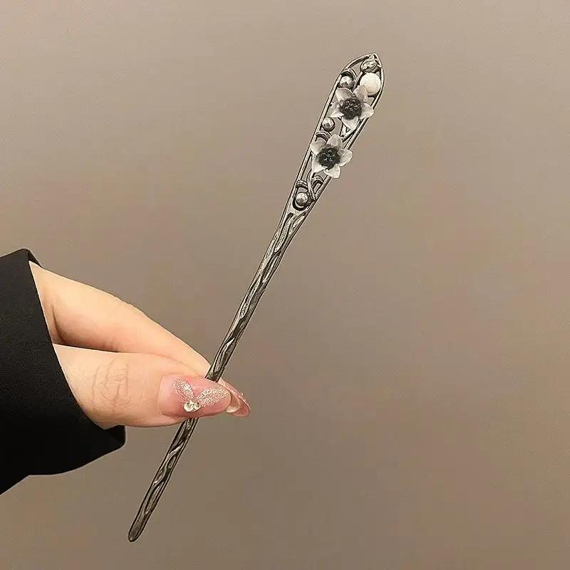 Retro čínský styl květinová sponka do vlasů inkoustově barevná květina střapec vlasová tyčinka pro ženy elegantní držák na culík šperk vlasový doplněk