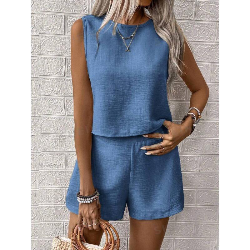 Women's Solid Color Sleeveless Vest Shorts Casual Fashion Two Piece Suit