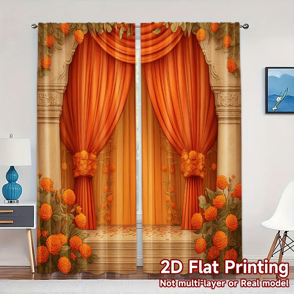 

2D Flat Printing JIT 2pcs Curtains (Without Rod) Floral Sunrise Print Chic Curtains Fabric Curtains Holiday Use for Bedroom 100*130 HOOK 1pcs