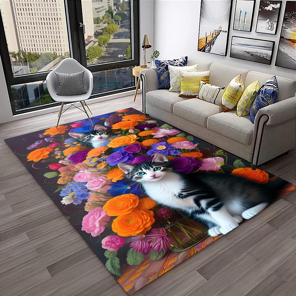 Cute Cat Flower Pastoral Cartoon Carpet Rug for Home Living Room Bedroom Sofa Doormat Decor,Kid Play Area Rug Non-slip Floor Mat
