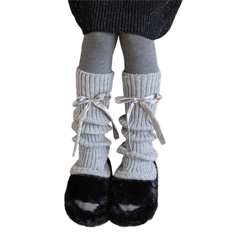 Kids Fashionable Ribbed Leg Warmer Cosy Winter Knitwear With Decorative Bows For Girls Play And Casual Outfits светло-серый